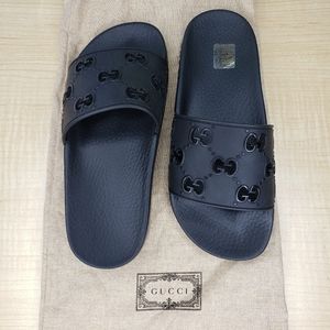 Gucci Double G Pursuit Slide Sandals Black Rubber 36 Dustbag Authentic US 6 NWOB